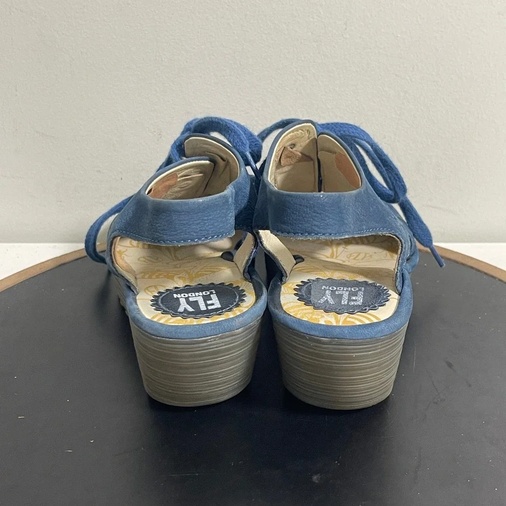 Fly London Slingback Wedge Sandals 8.5 / 39‎ Blue Suede Leather Lace Up Casual